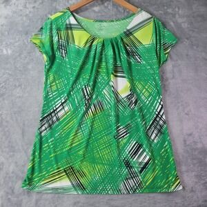 Worthington‎ Petite Womens Tunic Top PXL Green Abstract Geometric Stretch Blouse